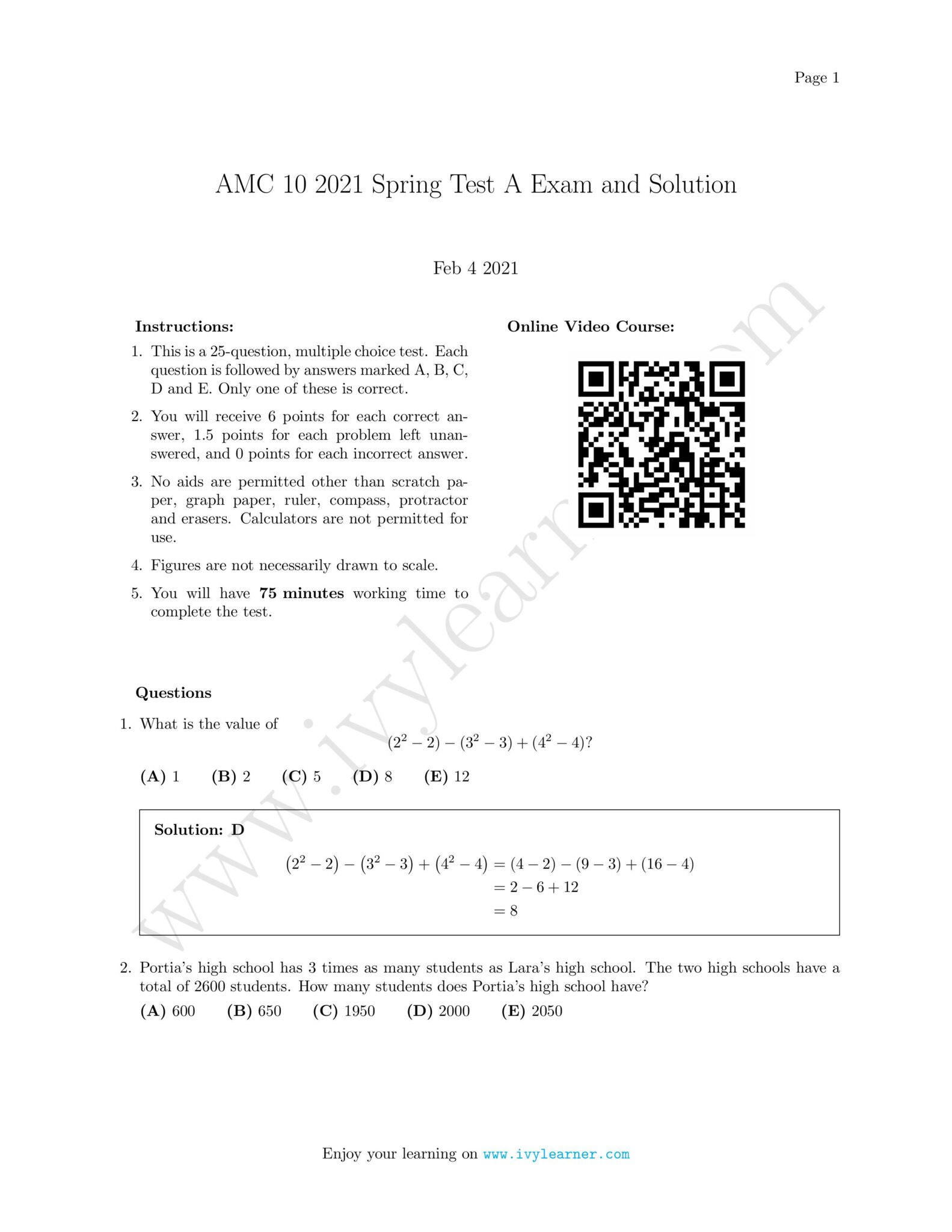 AMC 10 2021 Spring Test A Exam and Solution – Ivy Learner